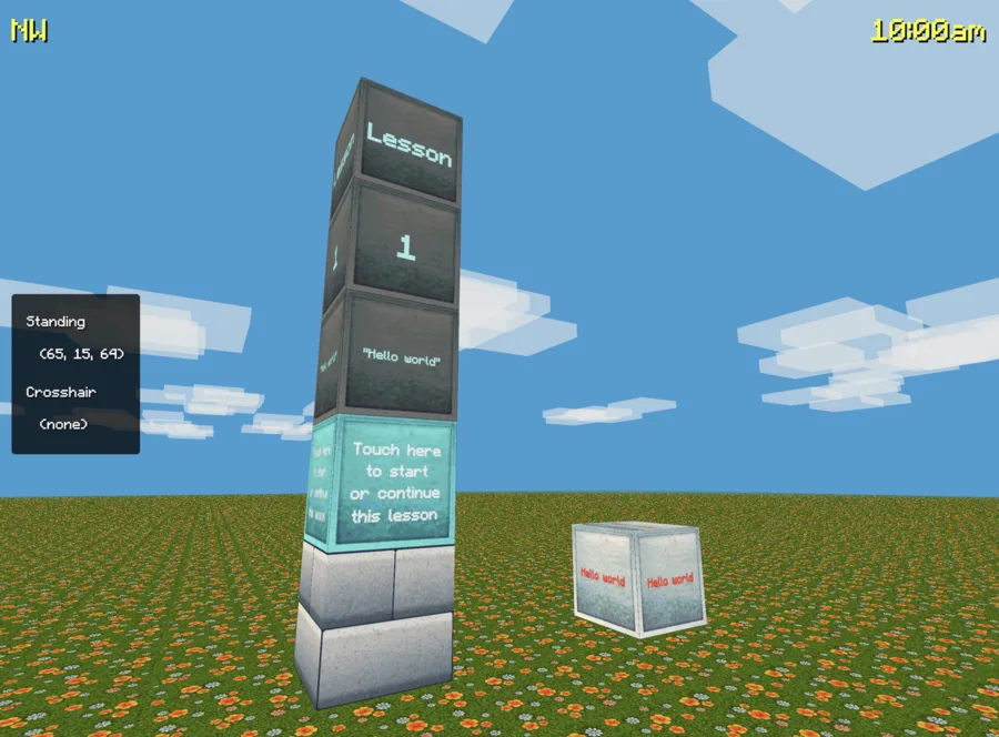 Blockerzz 3D world with a vertical lesson pillar: Lesson 1, “Hello world”, and a touch block to start.