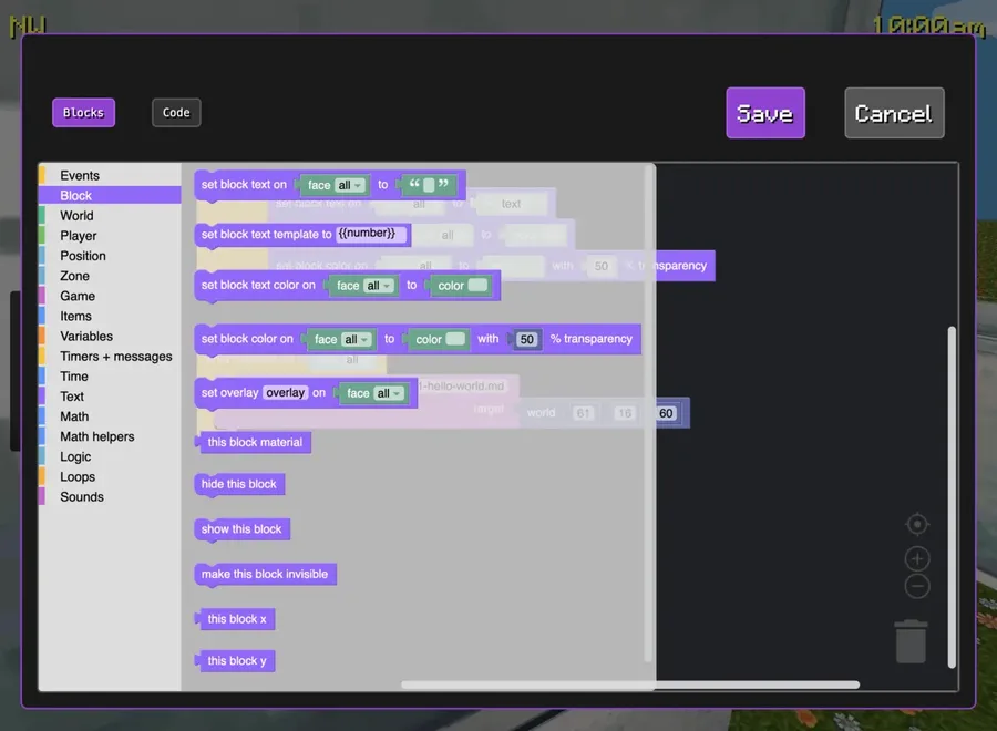 Blockerzz coding UI: Blocks tab with categories and drag-and-drop tiles over a 3D world.