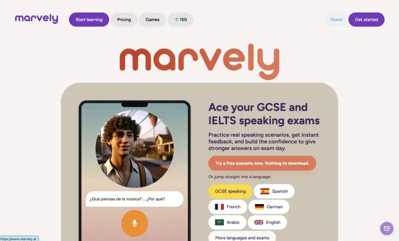 Marvely homepage featuring AI speaking practice