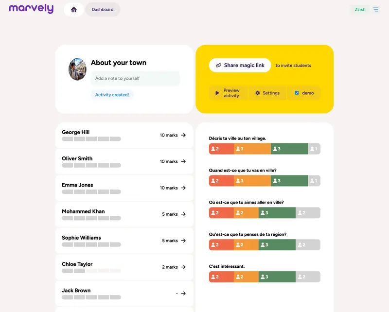 Marvely teacher dashboard with transcripts and insight