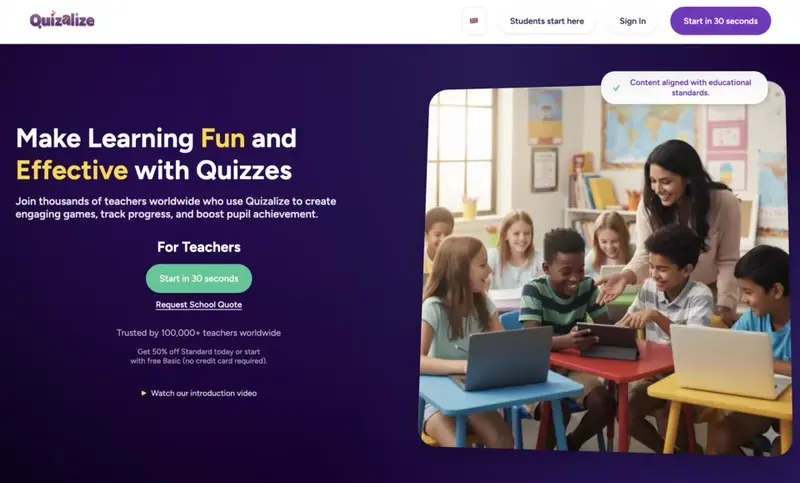 Quizalize homepage showing teacher-focused classroom quizzing