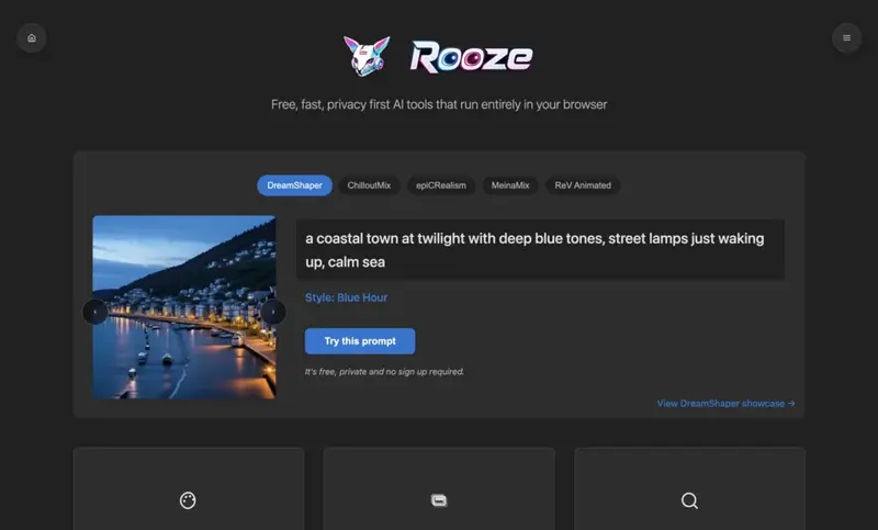 Rooze homepage showing privacy-first AI tools